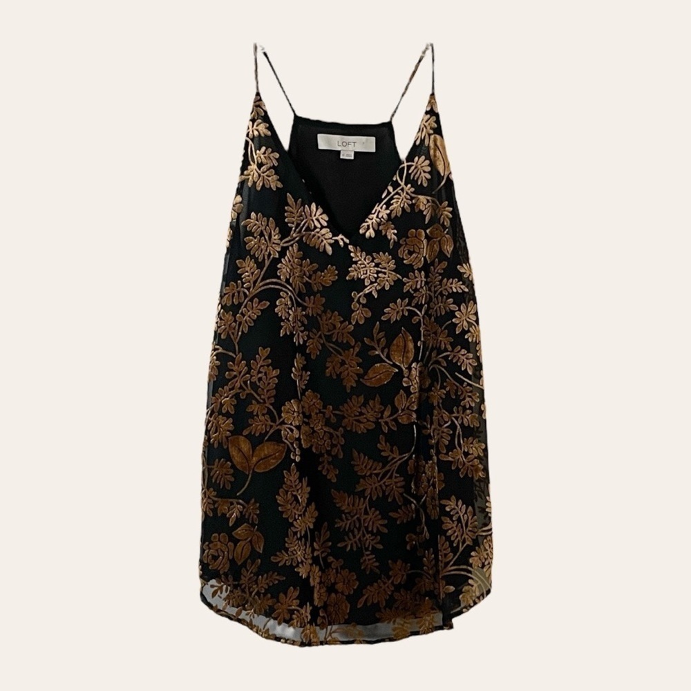 🌺 LOFT Velvet Gold Leaf Black Chiffon Camisole Top Size XS